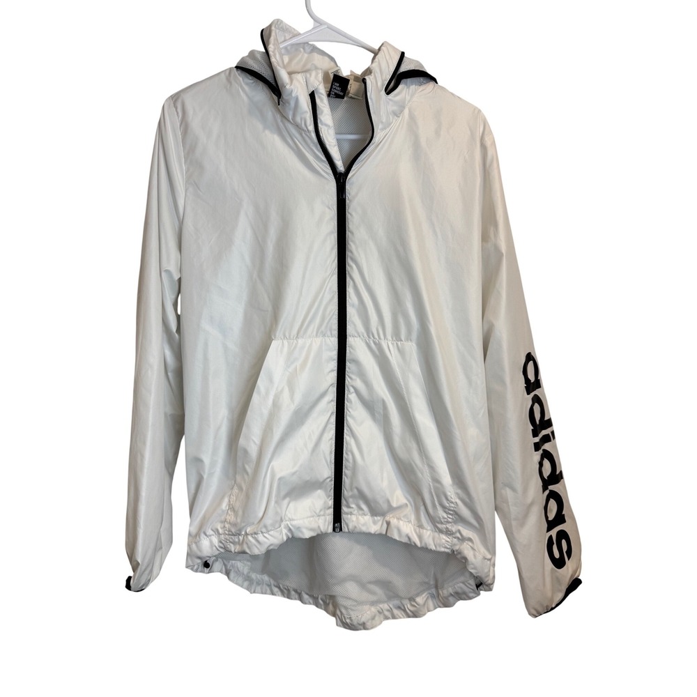 Adidas Kids White Windbreaker Hooded Jacket Full Zip Mesh Lined Size Med 12-14